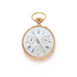 ANONYME VERS 1900, Montre de poche en or jaune 18K avec quantième. BOÎTIER : carrure or jaune et