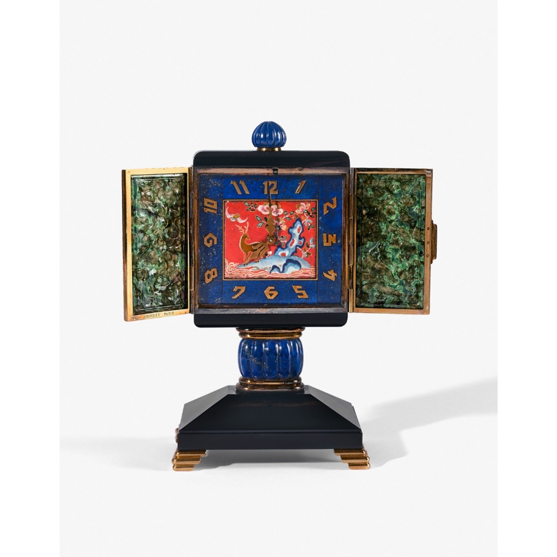 BOURDIER ÉPOQUE ART DÉCO RARE PENDULE ART DÉCO, Le boîtier rectangulaire s'ouvre à deux petits