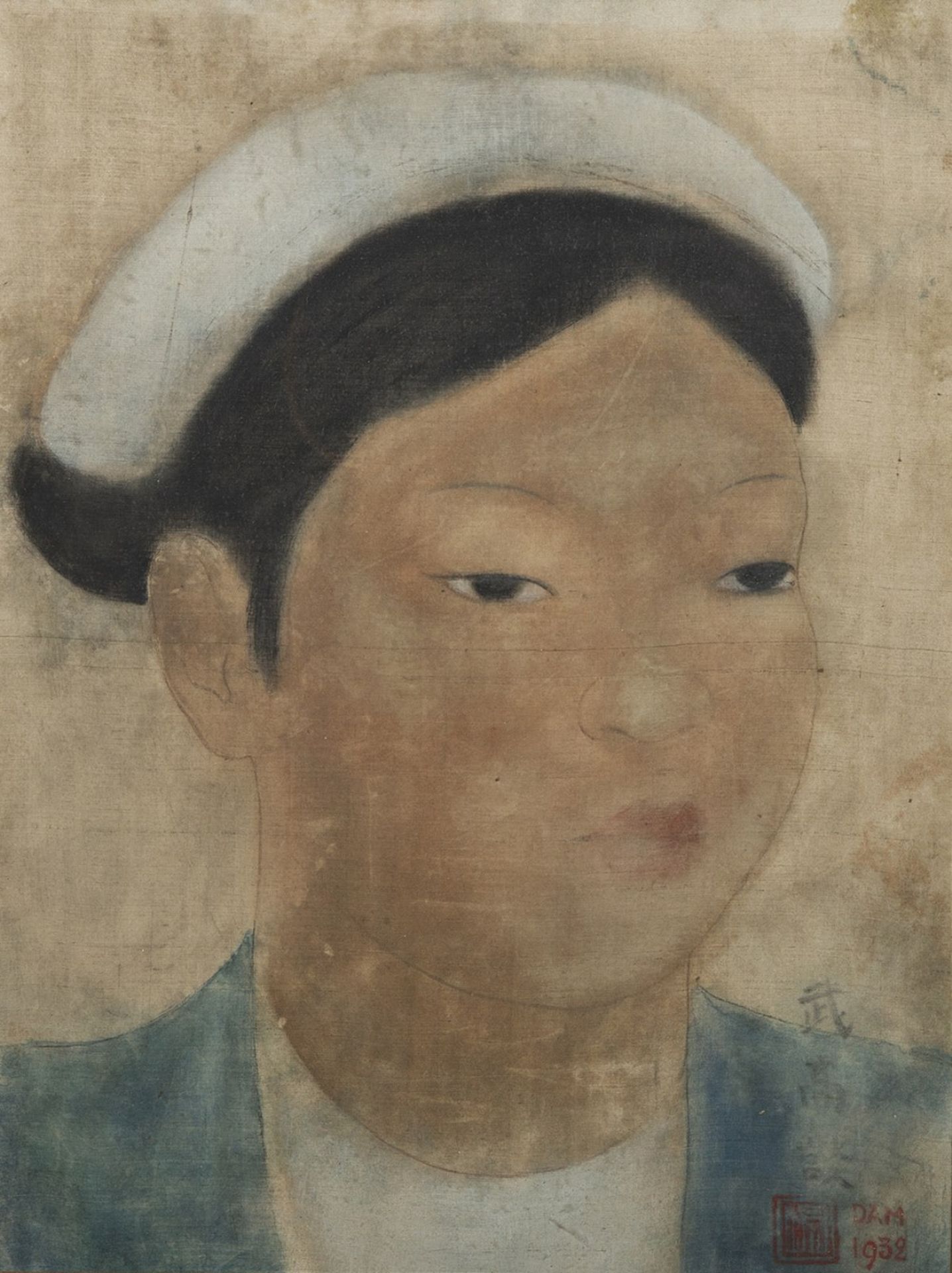 VU CAO DAM (1908-2000) Portrait de jeune femme Encre et aquarelle sur soie, signée et datée "1932"en