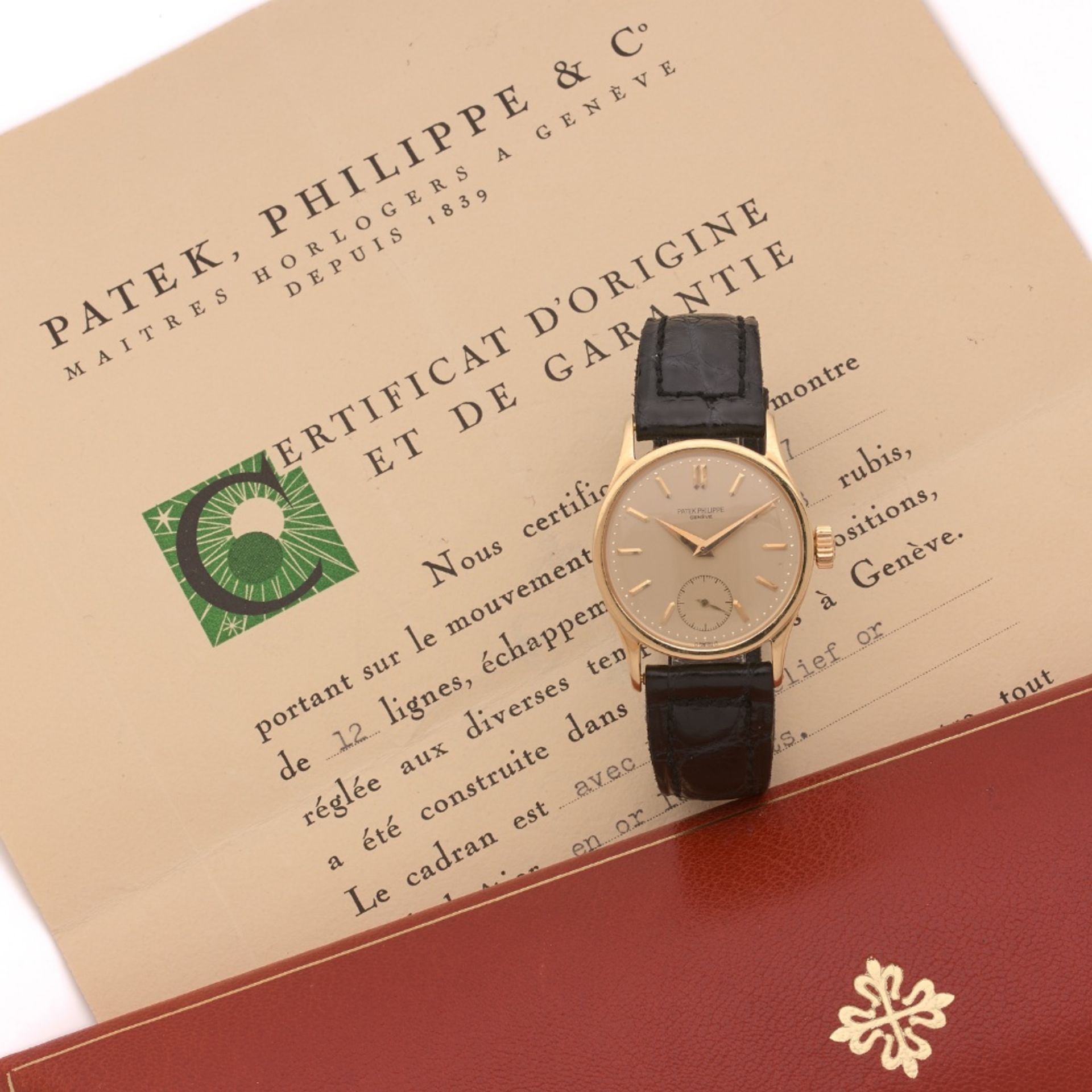 PATEK PHILIPPE CALATRAVA. REF. 96. VENDUE LE 28 MAI 1957 Montre bracelet en or jaune sur cuir. - Image 2 of 2