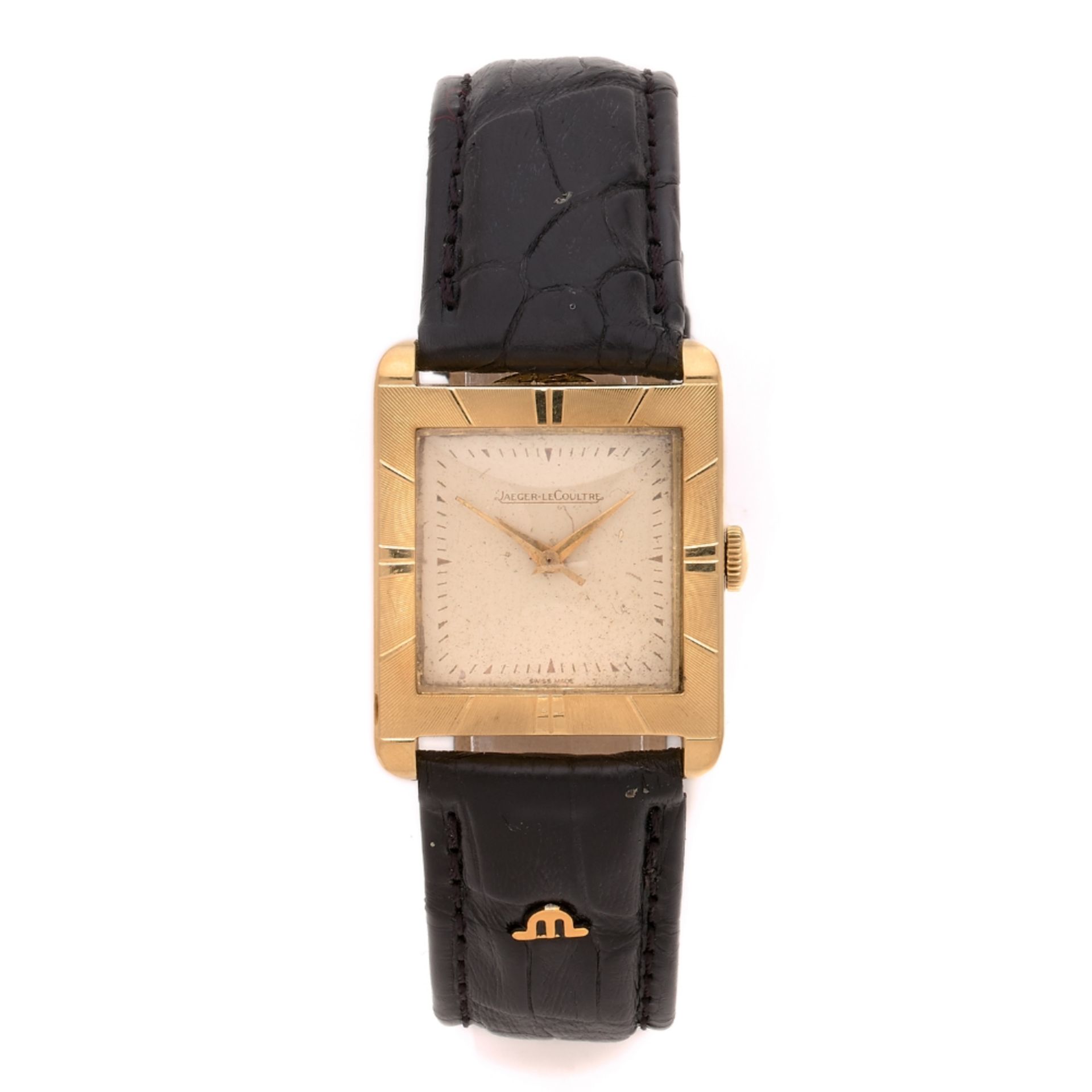 JAEGER LECOULTRE ANNEES 50 Montre bracelet en or jaune sur cuir. BOITIER : carré avec lunette