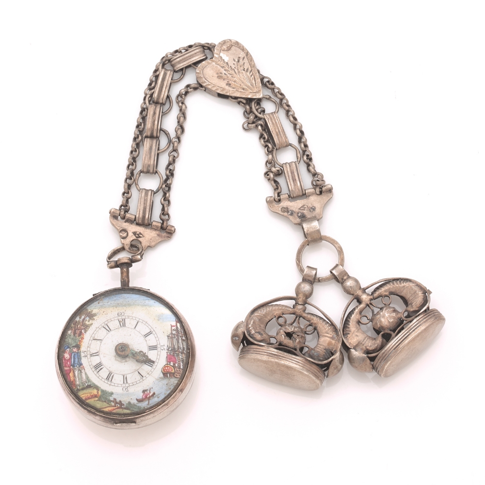 TRAVAIL ANGLAIS DEBUT XIXème Montre de poche en argent. BOÎTIER : lisse. CADRAN : émail avec scène