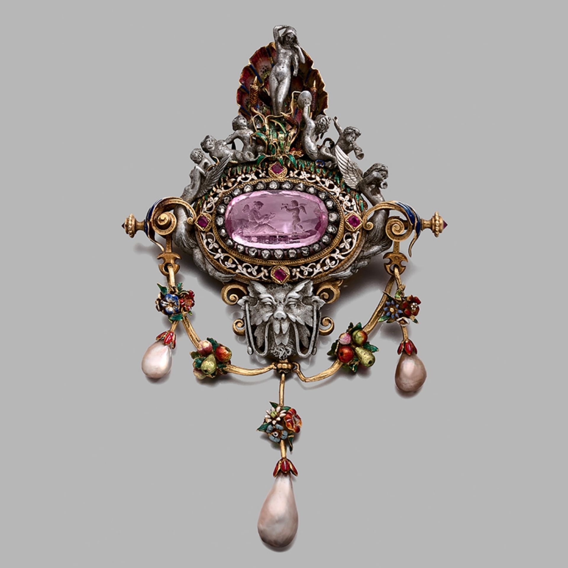 FRANÇOIS-DESIRE FROMENT-MEURICE ANNEE 1855 EXCEPTIONNELLE GRANDE BROCHE PENDANT NEO-RENAISSANCE "