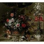 ATTRIBUE A PIERRE NICOLAS HUILLIOT (1654-1751) PANIER DE FLEURS ET MAJOLIQUE Toile Attr. to P. N.