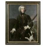 ÉCOLE ANGLAISE VERS 1740 PORTRAIT D’HOMME EN CHASSEUR Toile Au revers du châssis, inscriptions sur