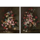 GIOVANNI STANCHI (ROME 1608-VERS 1675) BOUQUETS DE FLEURS DANS DES VASES À DÉCOR DE BACCHANALES