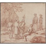 ADRIEN MANGLARD (1695-1760) ÉTUDE DE FIGURES ET D’UN SOLDAT DANS UN PAYSAGE Sanguine sur traits de