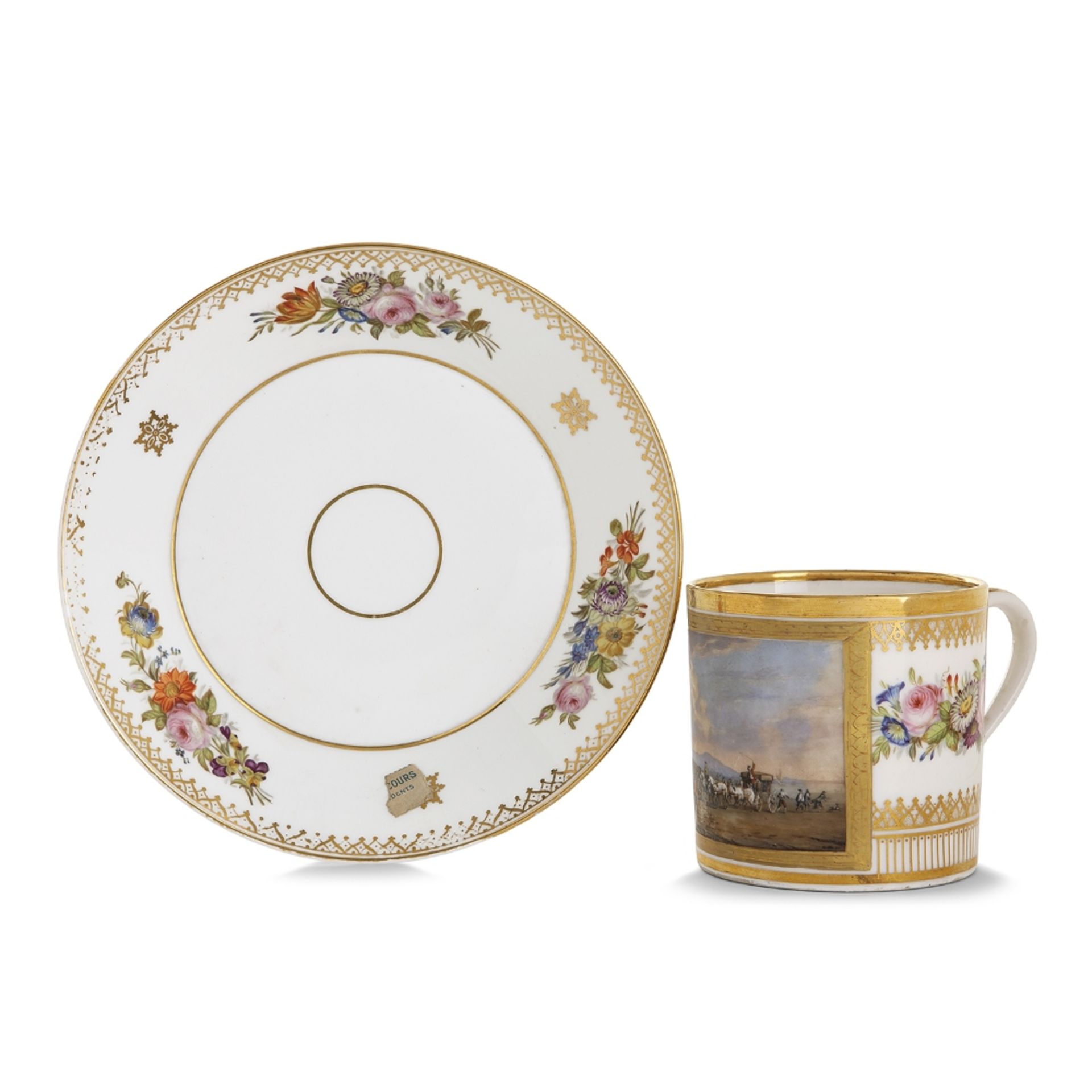 SÈVRES, TASSE LITRON 1er GRANDEUR ET SA SOUCOUPE, ÉPOQUE RESTAURATION en porcelaine à décor