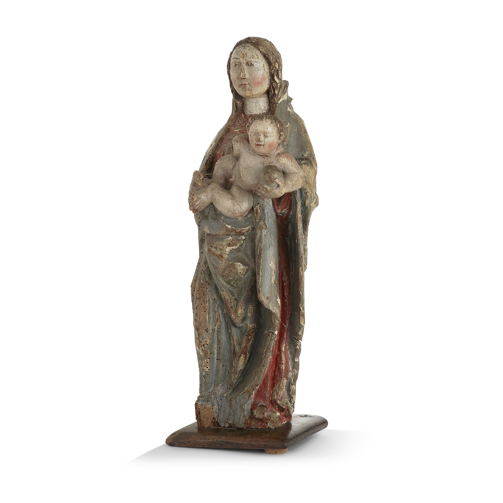 VIERGE À L'ENFANT, ÉCOLE HISPANO-FLAMANDE, MILIEU DU XVIe SIÈCLE Bois polychrome et or (Usures,