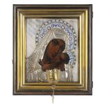 MOSCOU, 1899-1908, ICÔNE SAINTE VIERGE DE LA TENDRESSE Tempera sur bois, sous riza en argent,