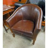 LEATHER TUB CHAIR Condition Report: Right arm has damage to surface. Stain to rear.