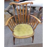 EARLY 20TH CENTURY WALNUT OPEN ARMCHAIR ON TURNED SUPPORTS Condition Report: Fabric