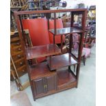 ORIENTAL HARDWOOD OPEN BOOKCASE WITH 2 PANEL DOORS & DRAWERS TO BASE 152 CM TALL