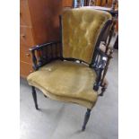 19TH CENTURY EBONISED BUTTON BACK ARMCHAIR ON TURNED SUPPORTS 86CM TALL Condition Report:
