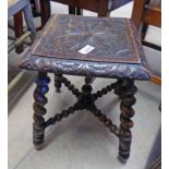 19TH CENTURY CARVED OAK STOOL ON BARLEY TWIST SUPPORTS 45 CM TALL