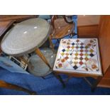 MAHOGANY & HARDSTONE GAMES TABLE & PAIR OF BRASS TOPPED WINE TABLES