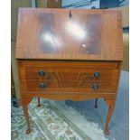 MAHOGANY BUREAU WITH FALL FRONT OVER 2 DRAWERS ON SHAPED SUPPORTS