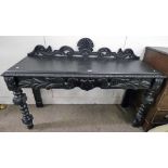 19TH CENTURY PAINTED CARVED OAK HALL TABLE WITH TURNED SUPPORTS 153 CM LONG X 107 CM TALL