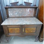 LATE 19TH CENTURY MARBLE TOPPED WALNUT WASH STAND WITH 2 PANEL DOORS & TURNED SUPPORTS 107 CM WIDE