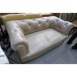 GREY/FAWN LEATHER CHESTERFIELD SETTEE ON BUN FEET,