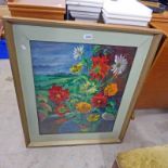 FRAMED OIL PAINTING RED DAHLIAS SIGNED JOHN S MILNE - 62CM x 49CM