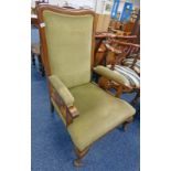 LATE 19TH CENTURY MAHOGANY FRAMED ARMCHAIR ON CABRIOLE SUPPORTS