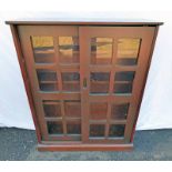 STAINED MAHOGANY BOOK SHELF WITH 2 SLIDING GLASS PANEL DOORS