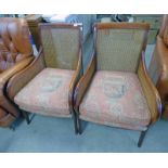 PAIR OF MAHOGANY BERGERE CHAIRS WITH CLASSICAL SCENE COVERING