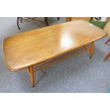 ERCOL ELM COFFEE TABLE WITH UNDERSHELF & TURNED SUPPORTS 104CM LONG Condition Report: