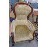 LOT WITHDRAWN 19TH CENTURY MAHOGANY FRAMED BUTTON BACK GENTLEMAN'S ARMCHAIR ON CABRIOLE STOOLS