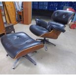 20TH CENTURY EAMES STYLE LOUNGE CHAIR & OTTOMAN IN BLACK LEATHER & WALNUT PLYWOOD ON METAL SUPPORTS