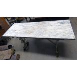 MARBLE TOPPED GARDEN TABLE WITH CAST IRON BASE Condition Report: 43cm deep. 123.