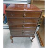 MAHOGANY 5 DRAWER MUSIC CHEST ON SHAPED SUPPORTS 76 CM TALL