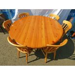 21ST CENTURY PINE CIRCULAR KITCHEN TABLE ON PEDESTAL & SET OF 6 PINE KITCHEN CHAIRS