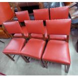 SET OF 6 RED LEATHER & OAK DINING CHAIRS ON SQUARE SUPPORTS STAMPED W.