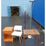 PINE BEDSIDE CABINET, STANDARD LAMPS, STOOL,