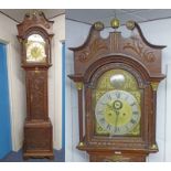 EARLY 20TH CENTURY CARVED OAK LONG CASE CLOCK WITH BRASS & SILVERED DIAL & PRESENTATION PLAQUE 239