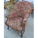 19TH CENTURY MAHOGANY ARMCHAIR ON CABRIOLE SUPPORTS Condition Report: Fabric is