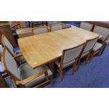 LATE 20TH CENTURY EXTENDING DINING TABLE 227CM LONG X 92CM WIDE & A SET OF 8 DINING CHAIRS BY