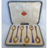 CASED SET 6 SILVER ENAMEL SPOONS,