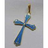 18CT GOLD BLUE ENAMELLED CROSS - 3.5CM Condition Report: Weight: 4.2g.