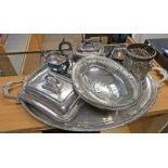 LARGE OVAL SILVER PLATED TRAY, 3 PIECE SILVER PLATED TEASET, OVAL SILVER PLATED BASKET,