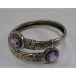 WHITE METAL AMETHYST CROSSOVER BANGLE WITH APPLIED & ENGRAVED DECORATION