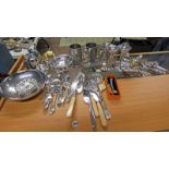 VARIOUS SILVER PLATED WARE INCLUDING TEAPOT CUTLERY BOWLS, SERVERS,