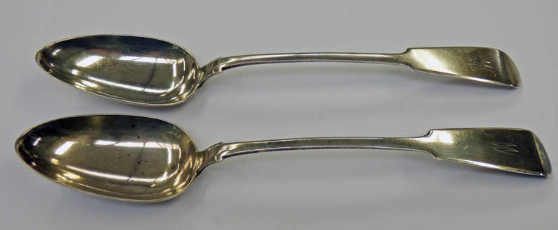 PAIR OF SCOTTISH PROVINCIAL SILVER FIDDLE PATTERN SERVING SPOONS BY GEORGE BOOTH ABERDEEN CIRCA