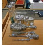 4 SILVER TOPPED BOTTLES, 2 SILVER BACKED BRUSHES,