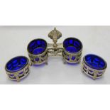 CONTINENTAL WHITE METAL DOUBLE SALT WHITE METAL CRUET SET WITH BLUE LINER AND PAIR OF MATCHING