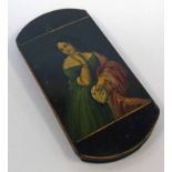 EARLY 19TH CENTURY LACQUER SPECTACLE CASE DECORATED WITH ANIMALS DANCING & A LADY IN A GREEN DRESS