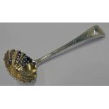 VICTORIAN SILVER SUGAR SIFTER LADLE WITH PIERCED GILT BOWL & ENGRAVED HANDLE,