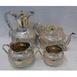 19TH CENTURY SILVER PLATED 4 PIECE TEA SERVICE BY WILLIAM & GEORGE SISSONS WITH FLORAL EMBOSSED